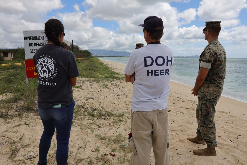 U.S. Marines and civilian employees of Marine Corps Base Hawaii meet with personnel from the Hawaii Department of Health (DOH) at Pu’uloa Range Training Facility, Marine Corps Base Hawaii, Oct. 27, 2022. The purpose of the visit was to begin a cooperative process between the DOH and MCBH toward analyzing conditions along the PRTF boundary, where state and federal jurisdictions meet. (U.S. Marine Corps photo by Chief Warrant Officer 2 William Faffler)