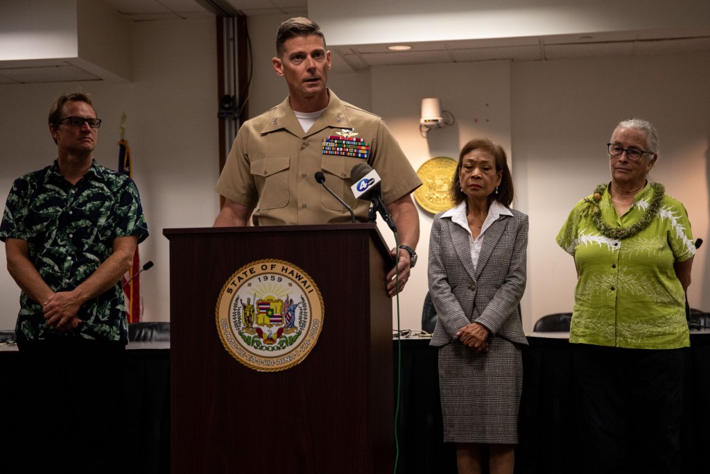 U.S. Marine Corps Col. Jeremy Beaven, commanding officer of Marine Corps Base Hawaii, speaks from the podium during a joint press conference with Rep. Rose Martinez, Hawaii House District 40, at the Hawaii State Capitol, Honolulu, HI, Nov. 29, 2023. Beaven presented MCBH's plan to address concerns surrounding operations at Pu'uloa Range Training Facility. (U.S. Marine Corps photo by Lance Cpl. Hunter Jones)