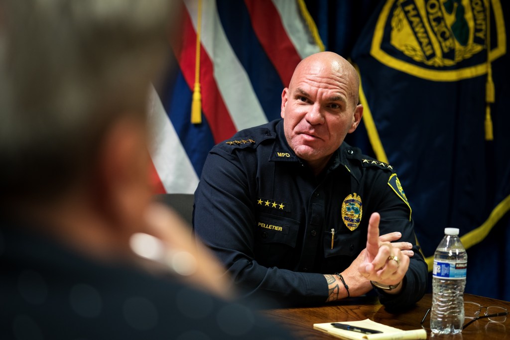 Maui Police Chief John Pelletier sat down with the Civil Beat Editorial Board on Jan. 11 at his office in Wailuku. He couldn’t discuss pending investigations related to the fires, but did share a lot about the effect the fires had on officers, dispatchers and others he oversees. (Nathan Eagle/Civil Beat/2024)