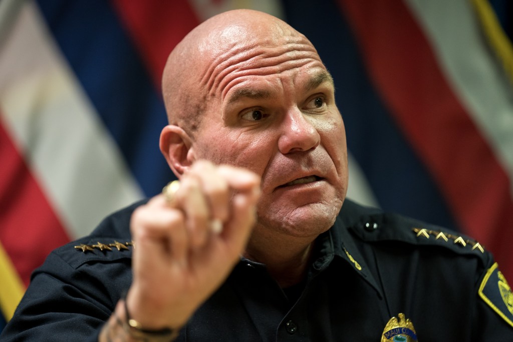 Maui Police Chief John Pelletier sat down with the Civil Beat Editorial Board on Thursday, Jan. 11, 2024, at his office in Wailuku. (Nathan Eagle/Civil Beat/2024)