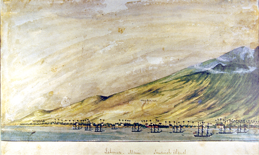 Historical watercolor painting by William H. Meyers depicting the Lahaina coastline with ships on the shore.