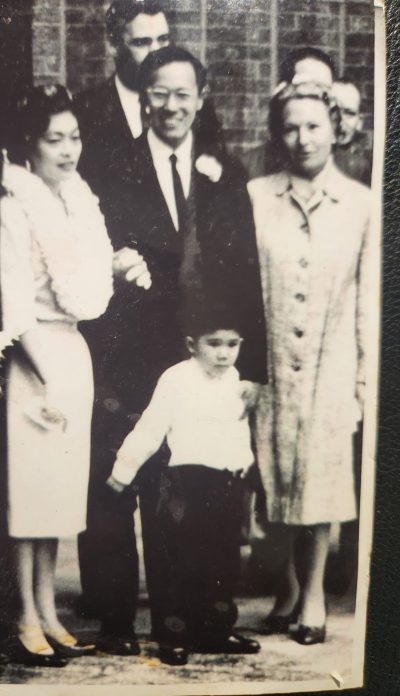 Richard Kekuni Blaisdell with his wife Irene, left, and son Mitch on their wedding day in Chicago in 1962. (Courtesy: Mitch Blaisdell)