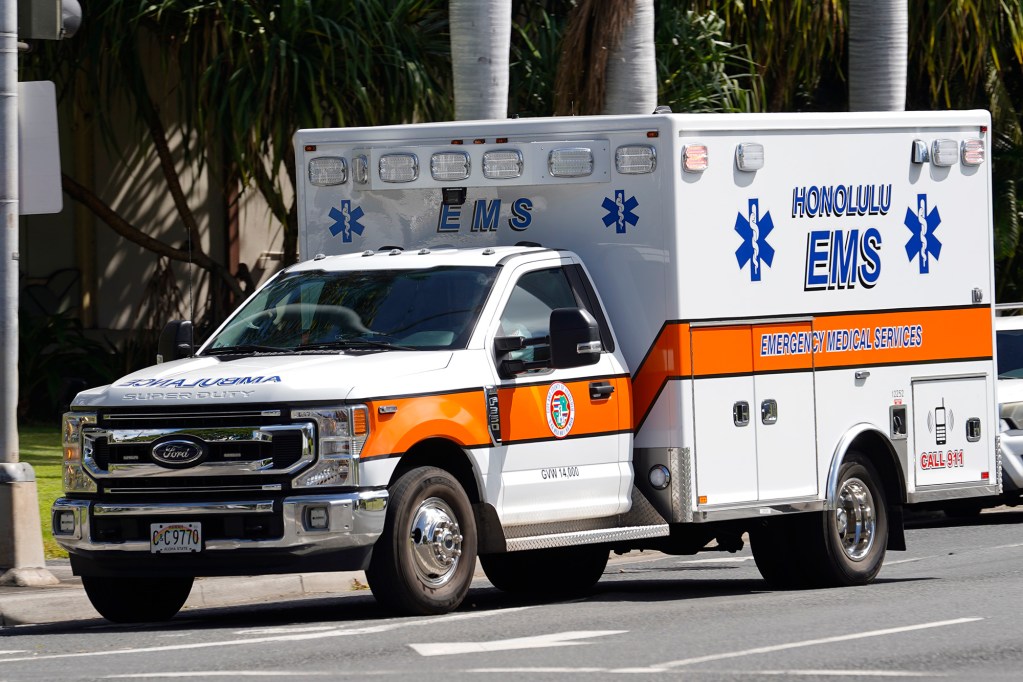 Honolulu EMS transports a patient to Queens Medical Center Thurssday, Feb. 8, 2024, in Honolulu. (Kevin Fujii/Civil Beat/2024)