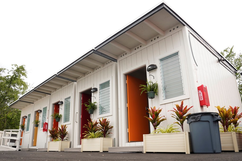 Units of affordable housing at Ho’okahi Leo Kauhale are photographed Thursday, Feb. 15, 2024, in Honolulu. Hawaii statewide office on homelessness and housing solutions (OHHS) calls the kauhale “deeply affordable spaces”. It is intended for tenants to break the cycle of homelessness. (Kevin Fujii/Civil Beat/2024)