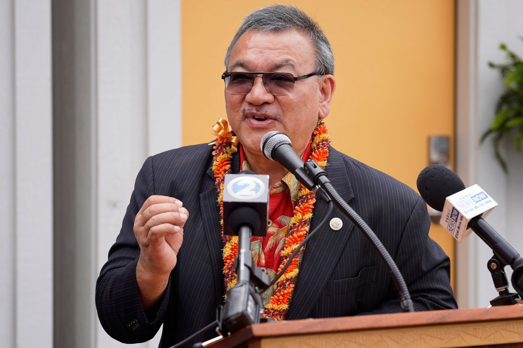 Office on homelessness and housing solutions coordinator John Mizuno speaks during the Ho’okahi Leo Kauhale blessing ceremony Thursday, Feb. 15, 2024, in Honolulu. OHHS calls the kauhale “deeply affordable spaces”. It is intended for tenants to break the cycle of homelessness. (Kevin Fujii/Civil Beat/2024)