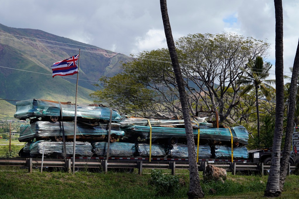 Burned cars are wrapped and removed from Lahaina town Wednesday, Feb. 21, 2024. (Kevin Fujii/Civil Beat/2024)