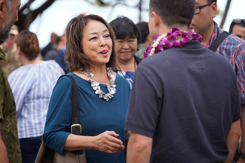 Maui County Council member vice-chair Yuki Lei Sugimura talks with Transportation Secretary Pete Buttigieg on Wednesday, Feb. 21, 2024, in Lahaina. (Kevin Fujii/Civil Beat/2024)