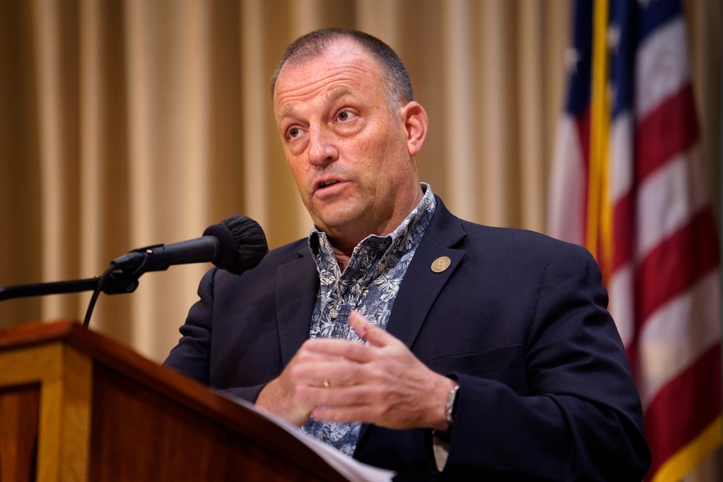 Gov. Josh Green announces the One Ohana Fund Tuesday, Feb. 27, 2024, in Honolulu. The fund is designed to compensate loss of life and injury for those who survived the Aug. 8 fire on Maui. (Kevin Fujii/Civil Beat/2024)