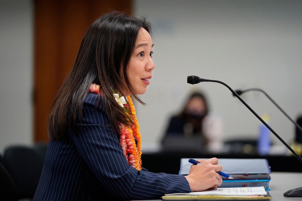 University of Hawaii Board of Regents Lauren Akitake sits before the Senate committee on higher education committee confirmation hearing Tuesday, Feb. 27, 2024, in Honolulu. (Kevin Fujii/Civil Beat/2024)