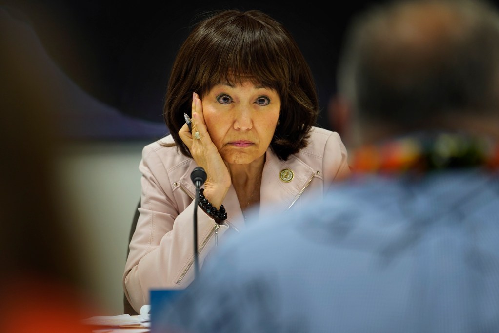 Senate committee on higher education Chair Donna Mercado Kim listens to current University of Hawaii Board of Regents Chair Alapaki Nahale-a during a confirmation hearing Tuesday, Feb. 27, 2024, in Honolulu. (Kevin Fujii/Civil Beat/2024)