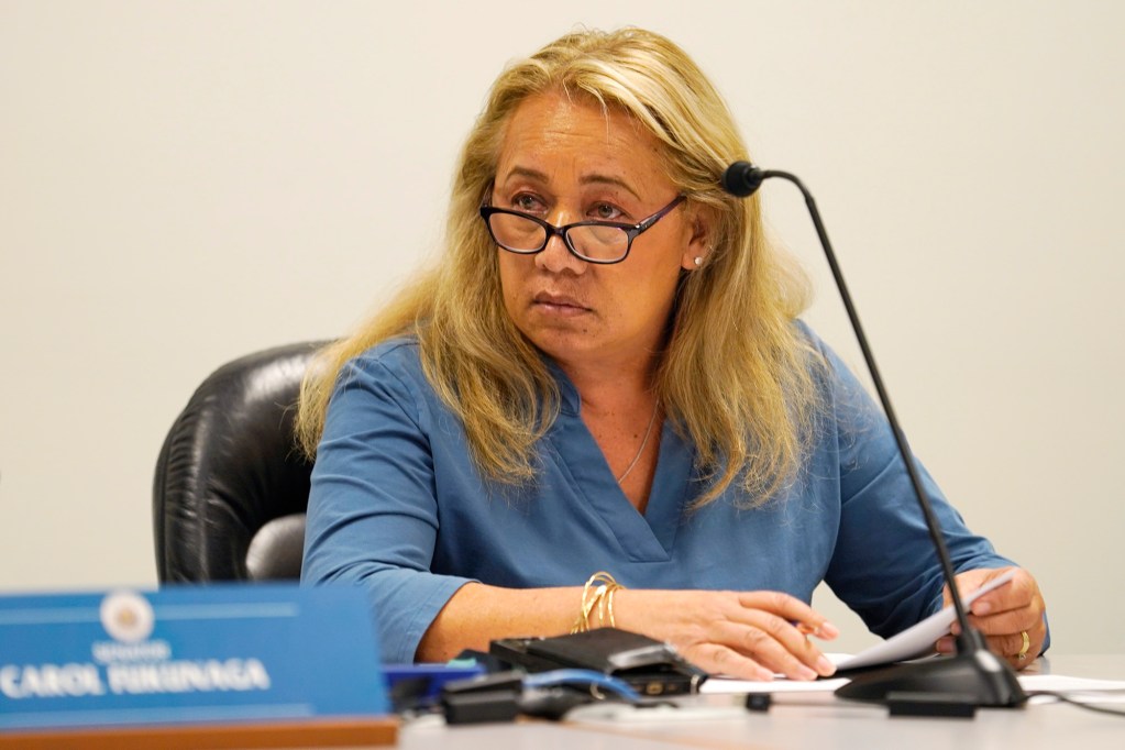 Senator Lynn DeCoite sits in on the Senate committee on higher education committee confirmation hearing for University of Hawaii Board of Regents Tuesday, Feb. 27, 2024, in Honolulu. (Kevin Fujii/Civil Beat/2024)
