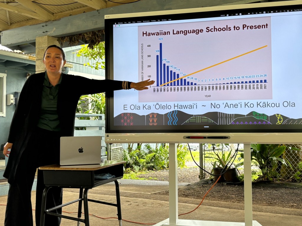 Photo of Maluhia O'Donnell who is the site area coordinator for 'Aha Punana Leo in Waimea.