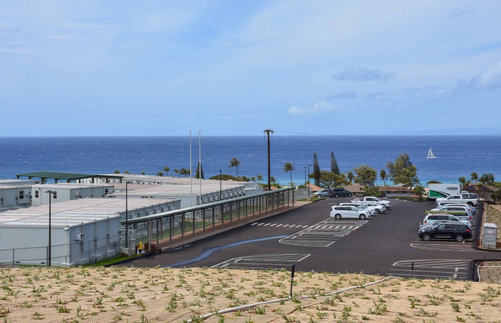 The U.S. Army Corps of Engineers built this temporary school in Napili-Honokowai that has 336 modular units across 38 buildings for 600 children who attended King Kamehameha III Elementary School that burned in the Aug. 8 Lahaina fire. Cammy Clark/Civil Beat/2024