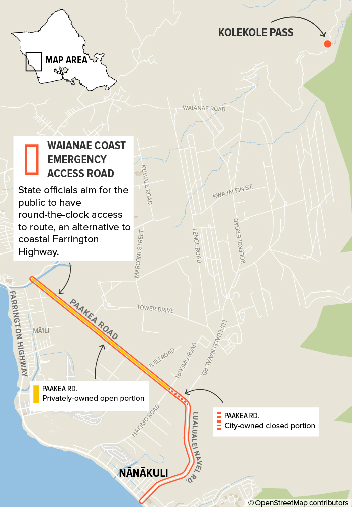 Oahu map pointing out Kolekole Pass, the Waianae Coast Emergency Access Road and the portion of Paakea Road that is city-owned and closed and privately-owned but open.