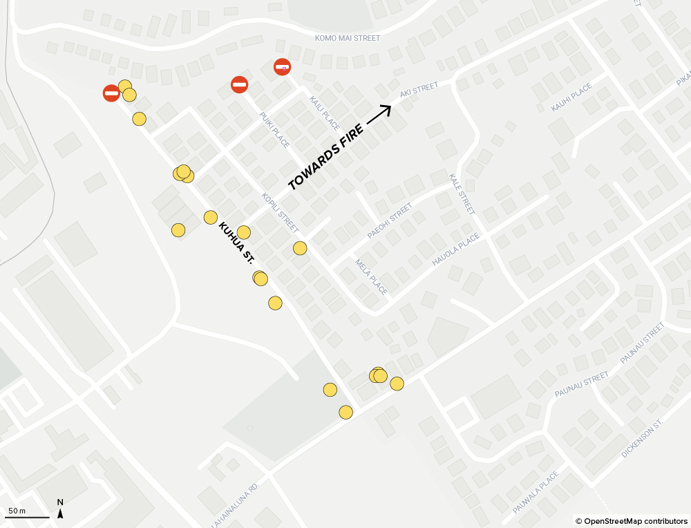 Map marking location on Kuhua St. where fire victim bodies were recovered.