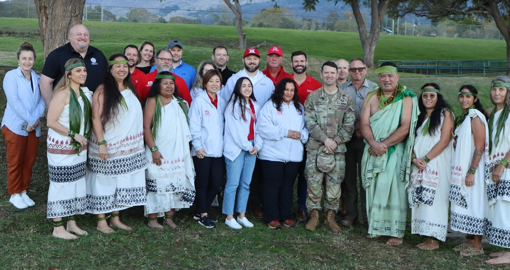 Col.Jesse Curry (front wearing fatigues) participated in a closing ceremony for the completion of fire debris removal in Upcountry Maui that was led by the Army Corps of Engineers. (Erin Jimenez/Army Corps of Engineers/2024)