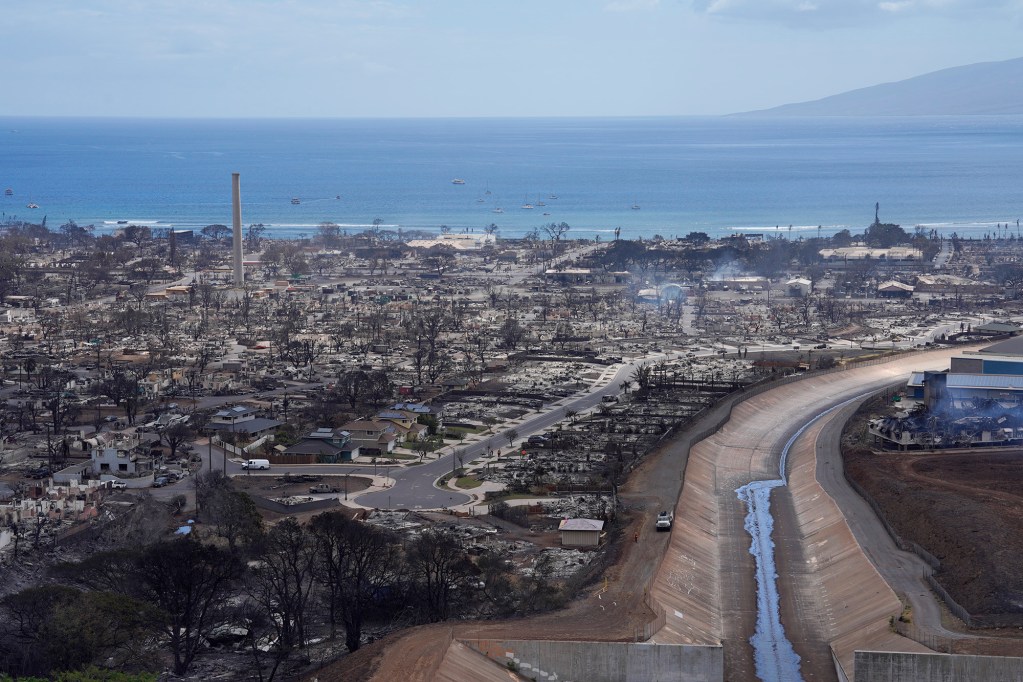 Only a little water flows in the Kahoma Stream Thursday, Aug. 10, 2023, in Maui. The historic town of Lahaina was destroyed by an Aug. 8, 2023, fire. (Kevin Fujii/Civil Beat/2023)