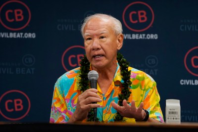 Rep. Gregg Takayama speaks to the Civil Cafe audience Wednesday, March 6, 2024, in Honolulu. Rep. Diamond Garcia, Sen. Chris Lee and Civil Beat political editor Chad Blair also sat on the panel. (Kevin Fujii/Civil Beat/2024)