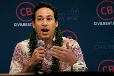 Sen. Chris Lee speaks to the Civil Cafe audience Wednesday, March 6, 2024, in Honolulu. Other panelists include Reps. Diamond Garcia, Gregg Takayama and Civil Beat political editor Chad Blair. (Kevin Fujii/Civil Beat/2024)