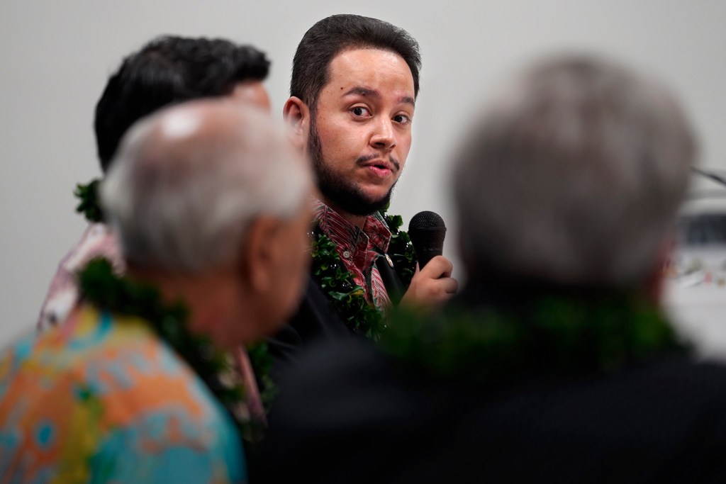Rep. Diamond Garcia answers a question from Civil Beat political editor Chad Blair during a Civil Cafe with Rep. Gregg Takayama and Sen. Gregg Takayama Wednesday, March 6, 2024, in Honolulu. (Kevin Fujii/Civil Beat/2024)