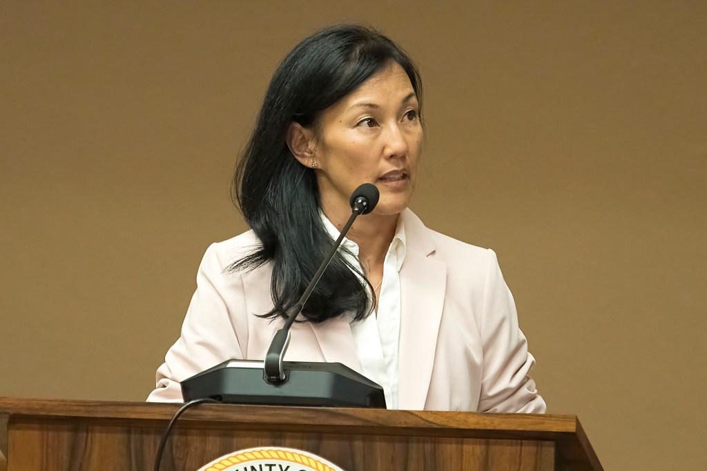 Dawn Apuna, Director of the City and County of Honolulu’s Department of Planning and Permitting appears before City Council to present the departments budget requests March 13, 2023 at Honolulu Hale. (David Croxford/Civil Beat/2024)