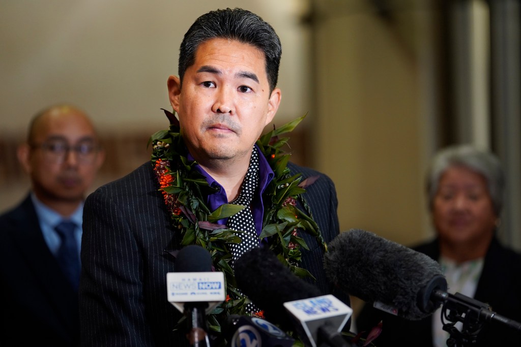 Rep. Scott Nishimoto, Capital Improvement Projects Chair, speaks to journalists about the state budget in HB1800 HD1 Wednesday, March 13, 2024, in Honolulu. The House of Representatives voted to pass its third reading to cross over to the senate. (Kevin Fujii/Civil Beat/2024)