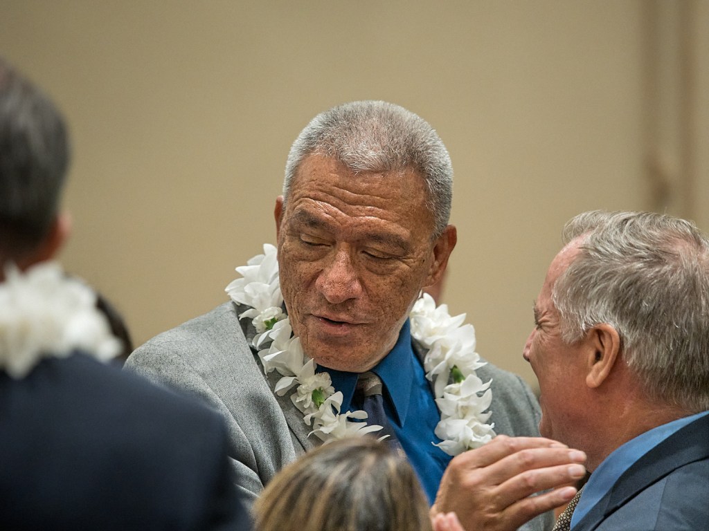 Maui Mayor Richard TBissen attends Mayor Rick BlangiardiÕs address along with other guests and Cabinet members at his annual State Of The City Address. (David Croxford/Civil Beat/2024)