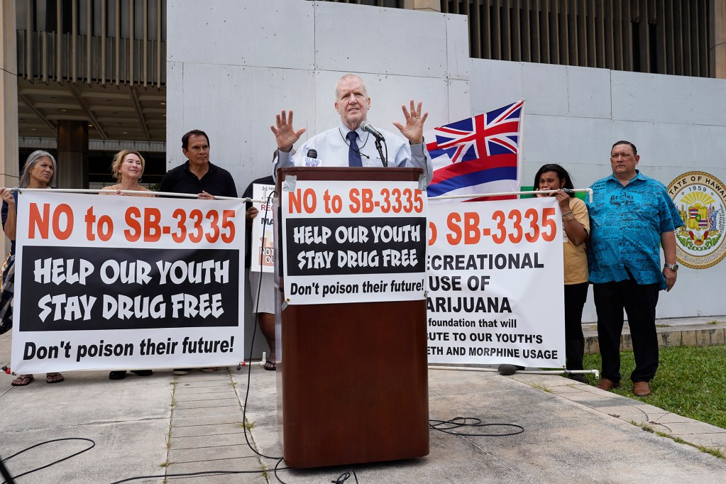 Prosecutor Steve Alm speaks in support of Sen. Kurt Fevella’s protest against the legalization of recreational cannabis Friday, March 14, 2024, in Honolulu. (Kevin Fujii/Civil Beat/2024)