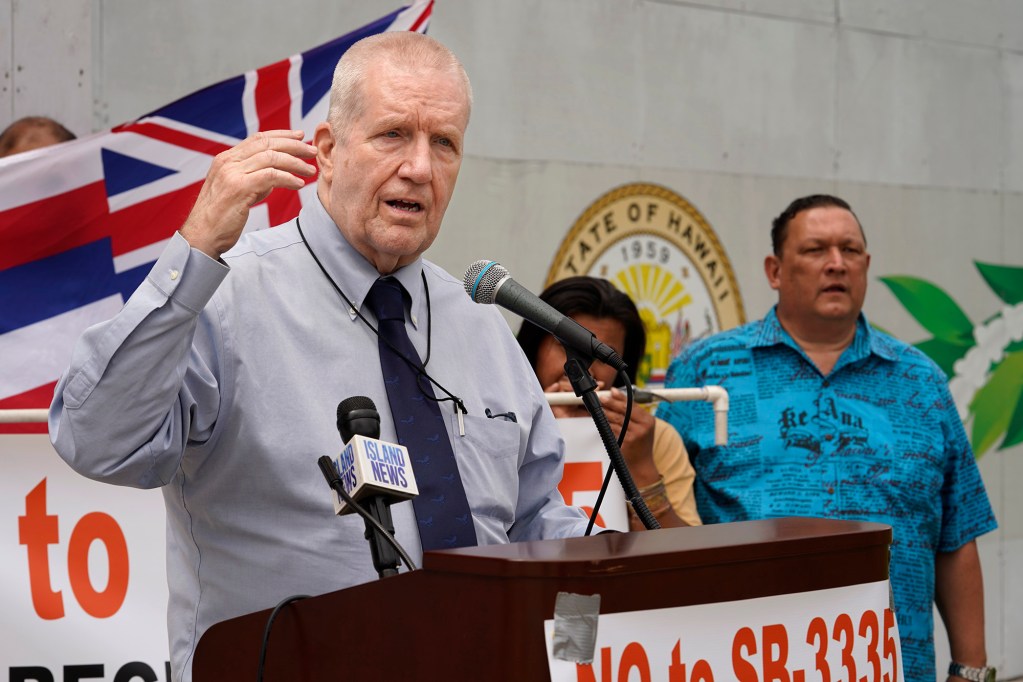 Prosecutor Steve Alm speaks in support of Sen. Kurt Fevella protest against the legalization of recreational cannabis Friday, March 14, 2024, in Honolulu. (Kevin Fujii/Civil Beat/2024)