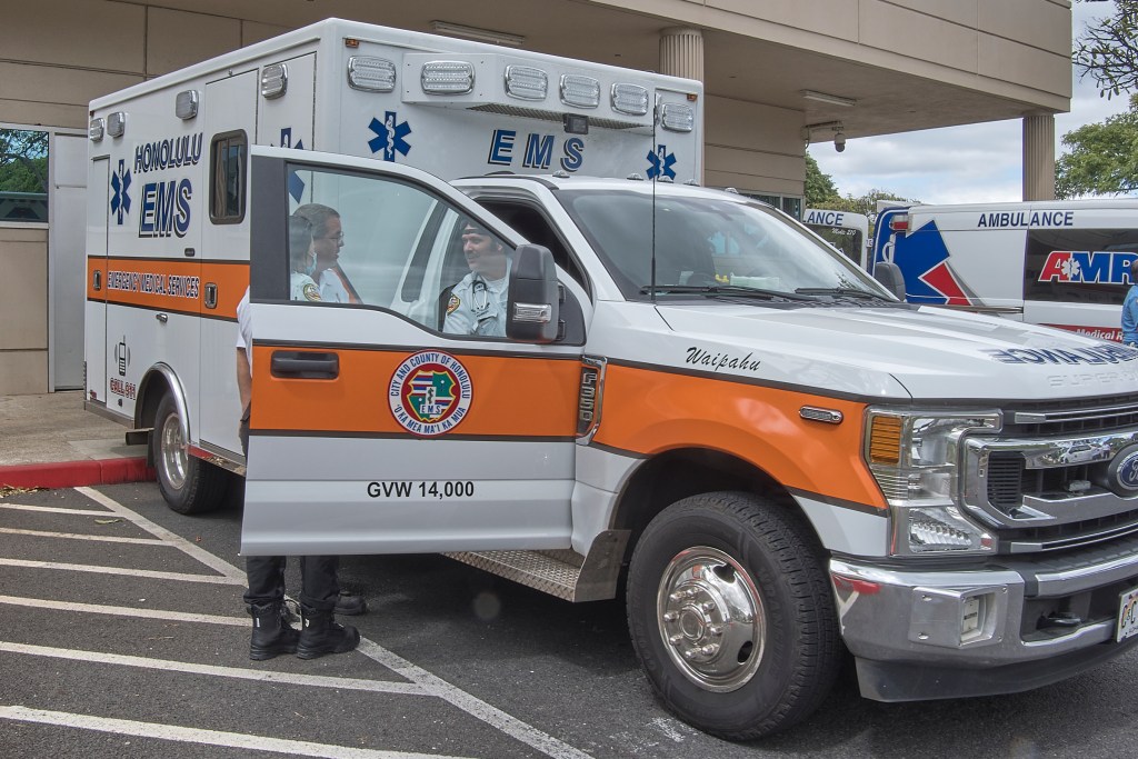 City & County EMS Director Dr. Jim Ireland checks on the well being of his EMT’s and Paramedics on an EMS ridealong March 18th, 2024. (David Croxford/Civil Beat/2024)