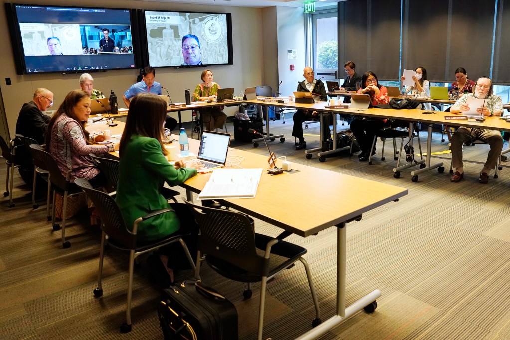 The University of Hawaii Board of Regents meet Thursday, March 21, 2024, in Honolulu. On the agenda was electing officers after former Chair Alapaki Nahale-a was not re-confirmed by the state Senate. (Kevin Fujii/Civil Beat/2024)