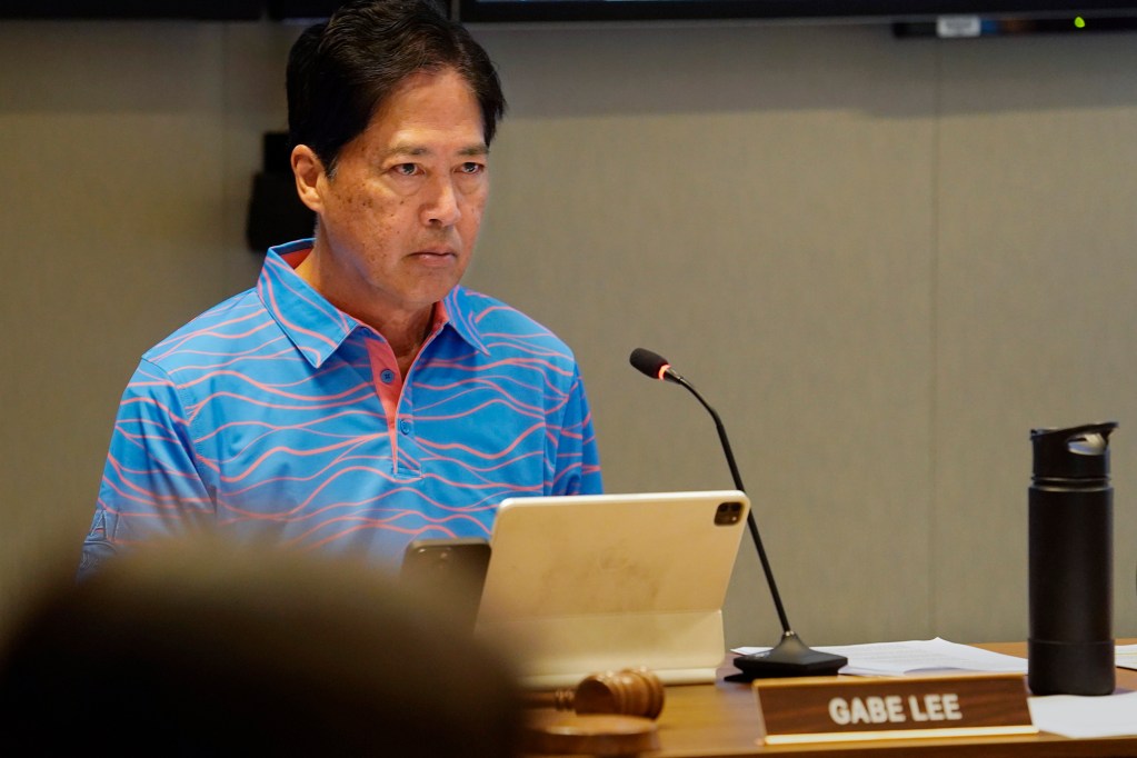 The University of Hawaii Board of Regents Interim Chair Gabe Lee listens to a speaker during the Board of Regents meeting Thursday, March 21, 2024, in Honolulu. On the agenda was electing officers after former Chair Alapaki Nahale-a was not re-confirmed by the state Senate. (Kevin Fujii/Civil Beat/2024)