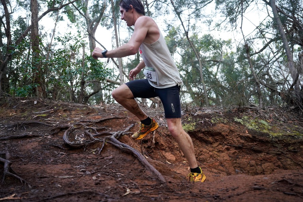 Brendan Fitzgibbons steps up a steep climb during the Hawaiian Ultra Running Team’s Aiea Loop Express at Keaīwa Heiau State Recreation Area Saturday, March 23, 2024, in Aiea. Fitzgibons finished second with a time of 51:21.3. Runners consider this an easy course with a distance of only 6.75-mile and 1,442’ of elevation gain. The trail is mostly wide and free of challenging obstacles. (Kevin Fujii/Civil Beat/2024)