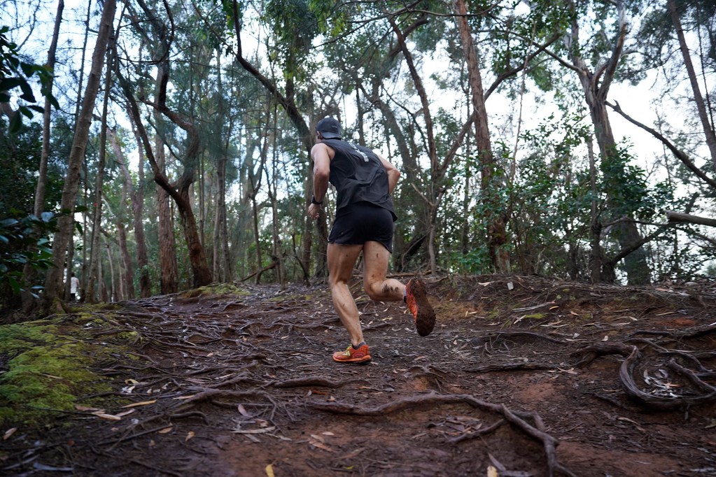 Cole Raven runs on top of roots during the Hawaiian Ultra Running Team’s Aiea Loop Express at Keaīwa Heiau State Recreation Area Saturday, March 23, 2024, in Aiea. Raven finished third with a time of 51:22.9. Runners consider this an easy course with a distance of only 6.75-mile and 1,442’ of elevation gain. The trail is mostly wide and free of challenging obstacles. (Kevin Fujii/Civil Beat/2024)