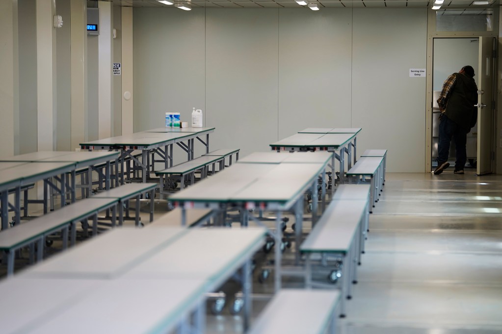 King Kamehameha III Elementary School’s temporary Pulelehua campus lunchroom is photographed after the ceremonial blessing Monday, March 25, 2024, in Lahaina. Kam3’s building was destroyed the Aug. 8 fire. (Kevin Fujii/Civil Beat/2024)