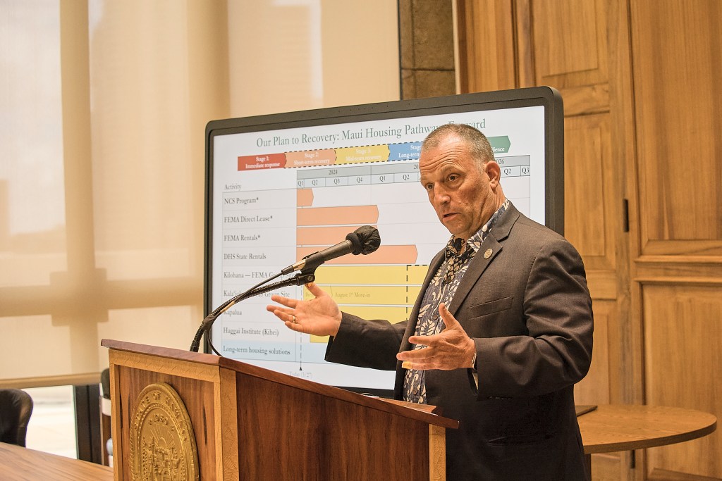 Hawaii Governor Dr. Josh Green speaks at a press conference updating the Maui Fire housing situation at the Office of the Governor Wednesday March 27th, 2024.(David Croxford/Civil Beat/2024)