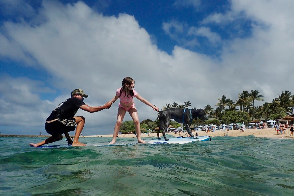 Rocky Canon and his dog Aka balance the nose and tail for Jeanne Rezmovits, 10, of Hastings-on-Hudson, New York, in Kuilima Cove on Wednesday, March 27, 2024, at Turtle Bay Resort in Kahuku. Canon runs (North Shore Ocean Guides) NSOG Hawaii to share his love of the ocean with clients. (Kevin Fujii/Civil Beat/2024)