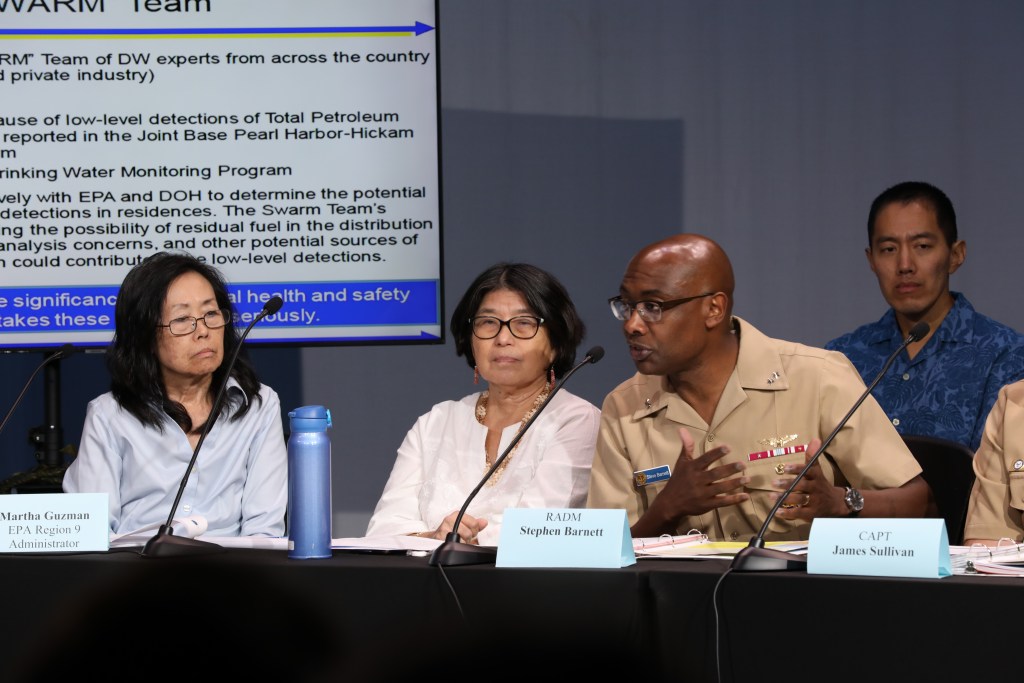Rear Adm. Steve Barnett, commander, Navy Closure Task Force-Red Hill (NCTF-RH) meets with elected members of the Community Representation Initiative (CRI) in Honolulu, Hawaii, Feb. 15, 2024. NCTF-RH is designated as one of the Navy’s representative organizations that meets with the CRI twice per quarter to discuss the progress of the closure mission. Charged with the safe decommissioning of the Red Hill Bulk Fuel Storage Facility (RHBFSF), NCTF-RH was established by the Department of the Navy as a commitment to the community and the environment. The Navy continues to engage with the people of Hawaii, regulatory agencies, and other stakeholders as NCTF-RH works to safely and deliberately decommission the RHBFSF. (U.S. Navy photo by Mass Communication Specialist 1st Class Glenn Slaughter)