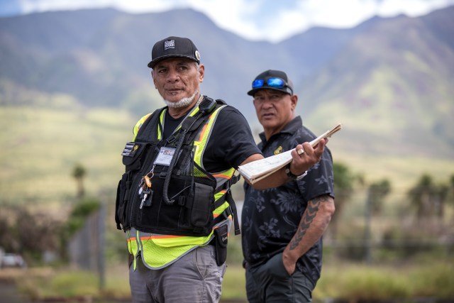 Keeaumoku Kapu, left, and Archie Kalepa talk about the restoration of Lahaina, March 12, 2024. (Nathan Eagle/Civil Beat/2024)