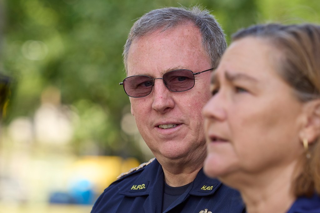 Stephanie Kendrick from Hawaii Humane Society speaks at a press conference at the Hawaii State capital building and was accompanied by HPD Police Chief Joe Logan, photographed April 9th, 2024.(David Croxford/Civil Beat/2024)