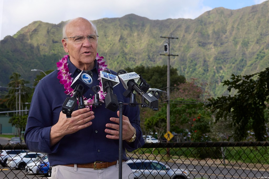 At a press conference held on the grounds of Kaneohe District Park, Honolulu Mayor Rick Blangiardi spoke about how much thought and community discussion had precluded the decision remove the Haiku Stairs. Photographed April 10th, 2024.(David Croxford/Civil Beat/2024)