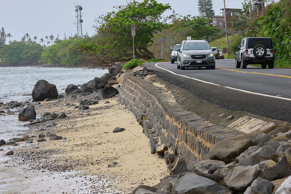 Kamehameha Highway from Kualoa Ranch to Hauula runs along some of the most scenic coastland areas on O’ahu, But these same coastland roads are often subjected to treacherous weather that has caused much roadway damage along its exposed sections. (David Croxford/Civil Beat/2024)