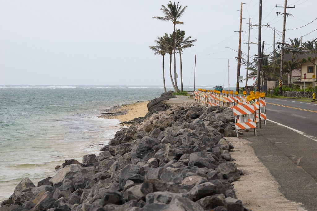 Kamehameha Highway from Kualoa Ranch to Hauula runs along some of the most scenic coastland areas on O’ahu, But these same coastland roads are often subjected to treacherous weather that has caused much roadway damage along its exposed sections. (David Croxford/Civil Beat/2024)