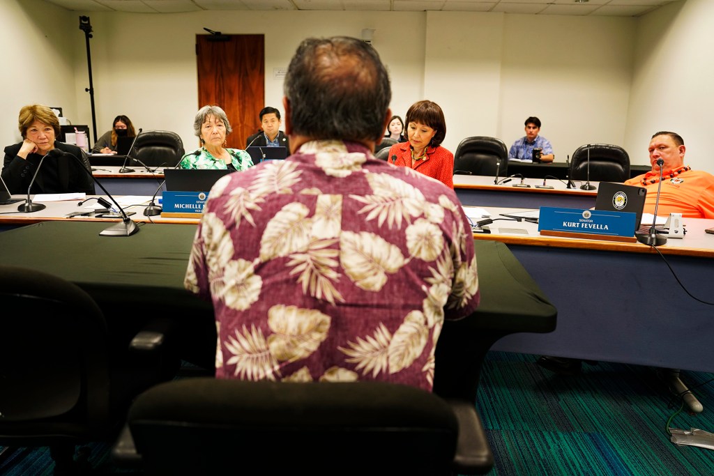 Michael Miyahira faces the Senate committee on higher education for his confirmation hearing to the University of Hawaii board of regents Tuesday, April 16, 2024, in Honolulu. Sens. Carol Fukunaga, from left, vice chair Michelle Kidani, Troy Hashimoto, chair Donna Kim and Kurt Fevella attend the committee hearing. (Kevin Fujii/Civil Beat/2024)