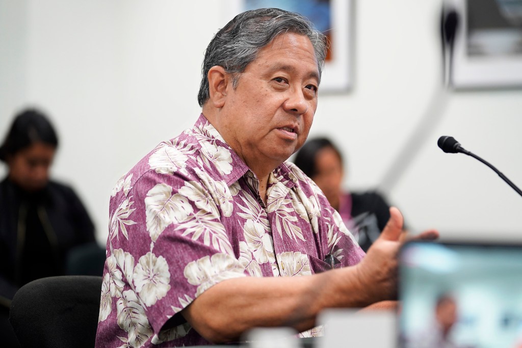 Michael Miyahira faces the Senate committee on higher education during his confirmation hearing to the University of Hawaii board of regents Tuesday, April 16, 2024, in Honolulu. (Kevin Fujii/Civil Beat/2024)