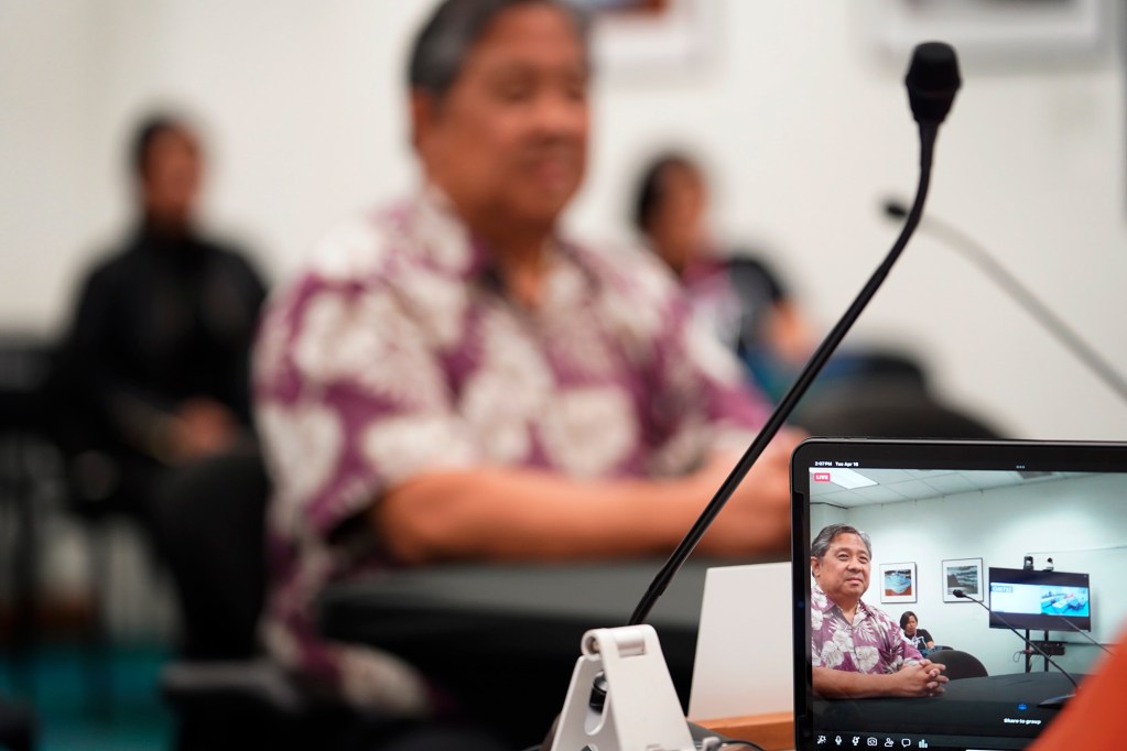 Michael Miyahira is seen on Sen. Kurt Fevelle’s tablet during his Senate committee for higher education confirmation hearing to the University of Hawaii board of regents Tuesday, April 16, 2024, in Honolulu. (Kevin Fujii/Civil Beat/2024)