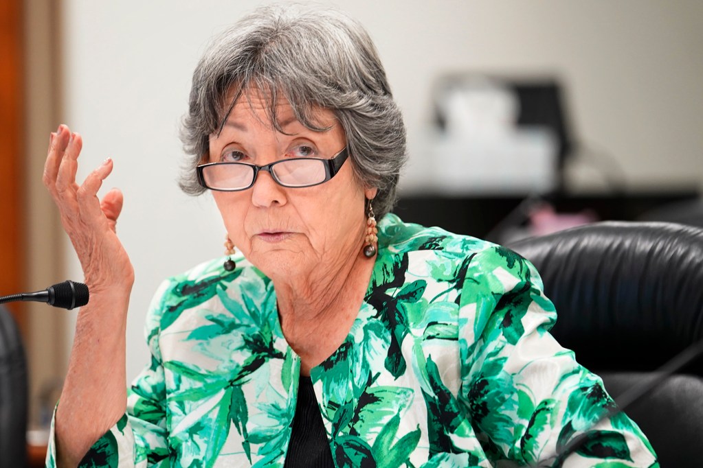 Senate committee on higher education vice chair Sen. Michelle Kidani questions Michael Miyahira during his confirmation hearing to the University of Hawaii board of regents Tuesday, April 16, 2024, in Honolulu. (Kevin Fujii/Civil Beat/2024)