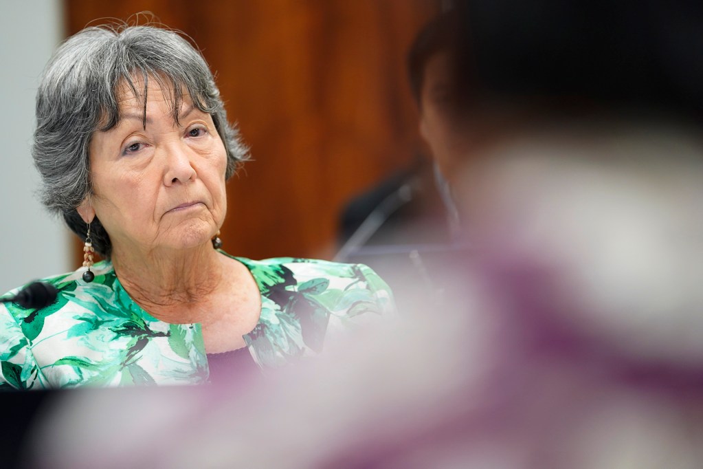 Senate committee on higher education vice chair Sen. Michelle Kidani listens to Michael Miyahira during his confirmation hearing to the University of Hawaii board of regents Tuesday, April 16, 2024, in Honolulu. (Kevin Fujii/Civil Beat/2024)