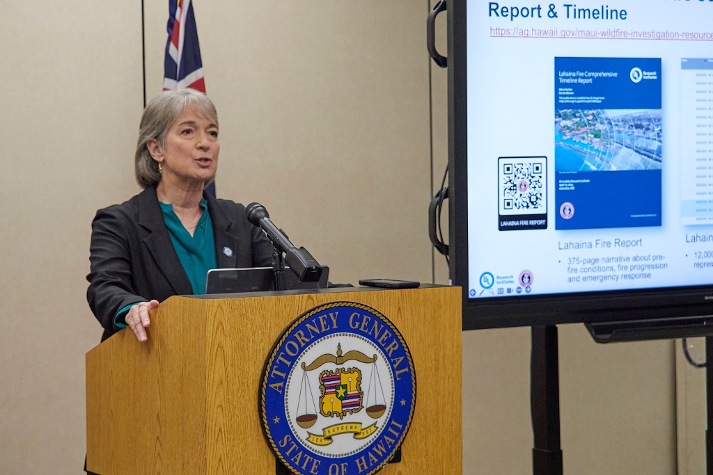 Hawaii State AG Anne Lopez along with Steve Kerber, (Jacket) Ph.D., PE, Fire Safety Research Institute (FSRI) vice president and executive director (FSRI is part of the UL Research Institutes) and Derek Alkonis, FSRI research program manager presented details of their findings in the Phase One release of the Lahaina Maui wildfire report.
(David Croxford/Civil Beat/2024)