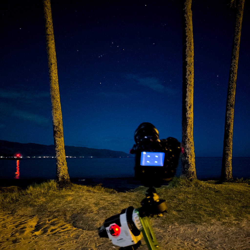 While attempting to capture a cleaner view of Comet P12/Pons Brooks, which passed through Perihelion on April 22nd, 2024 and eluded our view, Constellation Orion made its presence known so the trip to the North Shore wasn’t totally in vain. (David Croxford/Civil Beat/2024)